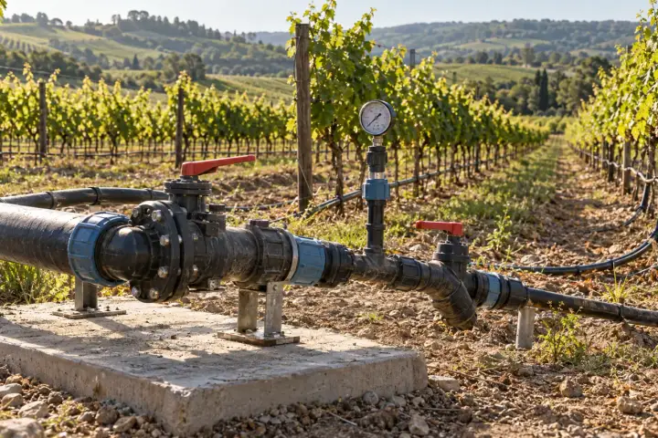 Vineyard irrigation header with isolation valves, compression fittings and a pressure gauge
