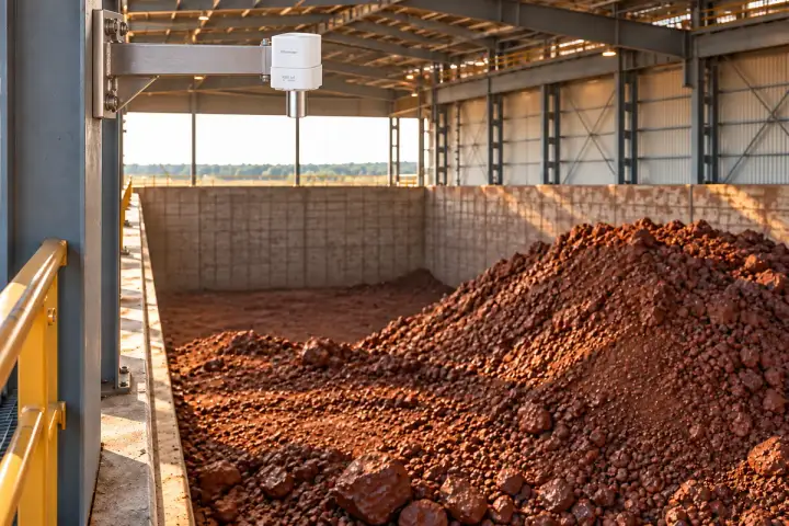 Concept installation of a Hitelecom radar distance sensor on a fixed warehouse-column bracket above an iron-ore stockpile