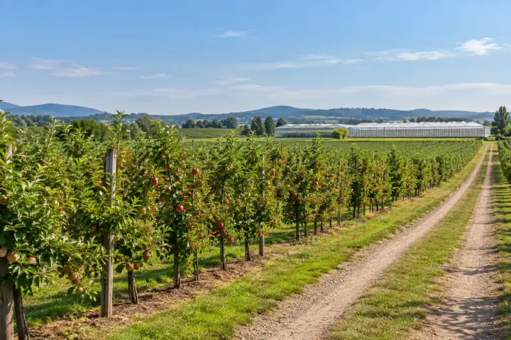 Modern orchard and field setting with a distant greenhouse and open-air exposure