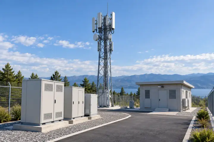 Remote outdoor communications site with closed cabinets and accessible service paths