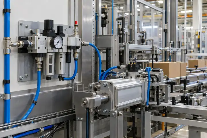 Carton packaging conveyor with pneumatic cylinder assemblies and a service-side air preparation block.