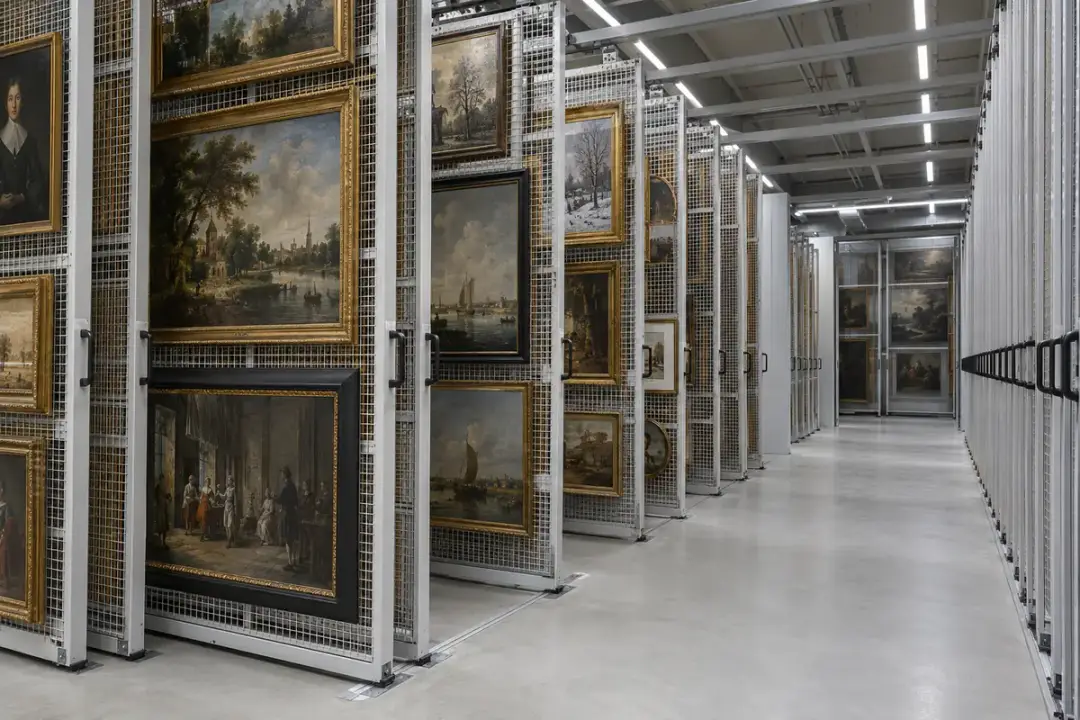 Paintings on sliding mesh racks in a climate-controlled museum collection store