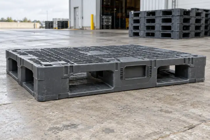 Reusable industrial plastic pallet with a protected side recess outside the fork channels.