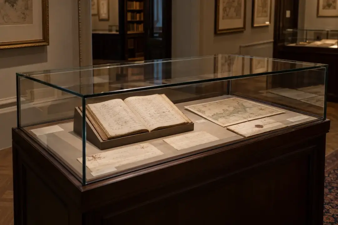 An open manuscript and historical paper documents in a glass-topped display case.