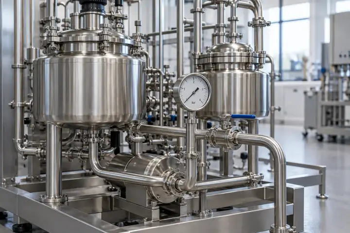 Pilot-scale stainless process vessels, circulation pump and manifold pressure gauge in a clean laboratory