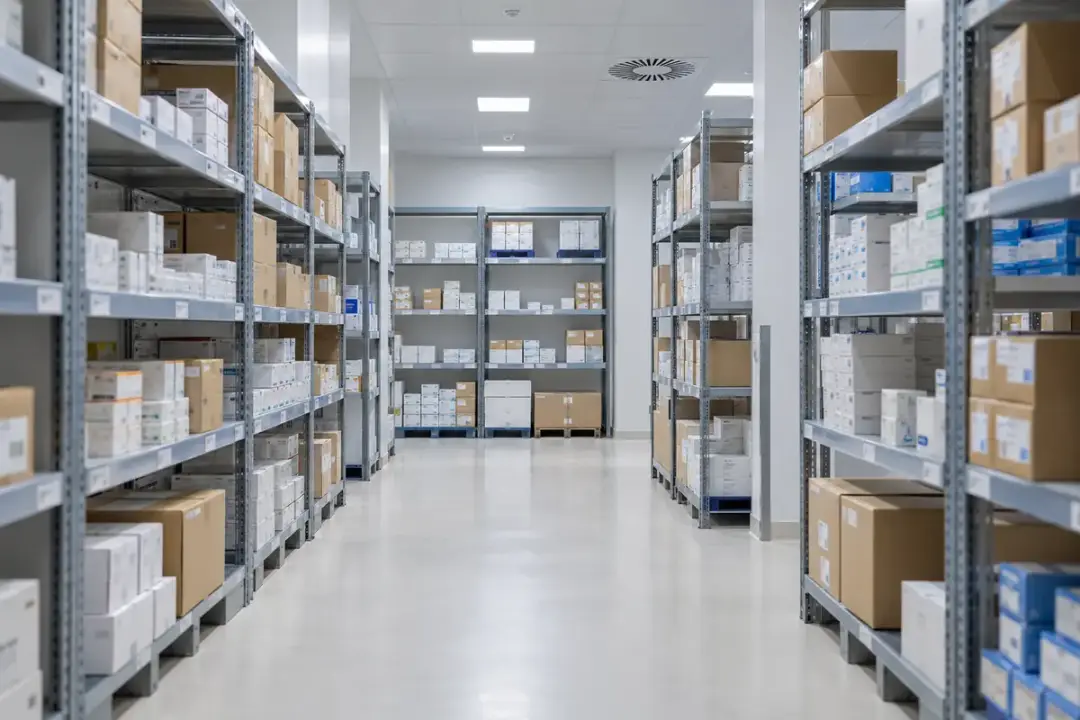 Packaged pharmaceutical goods on shelves in an ambient indoor store