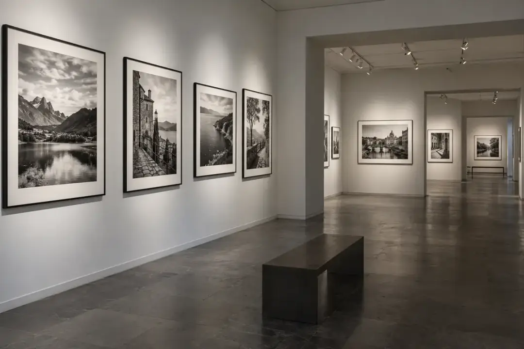 Black-and-white photography gallery with framed prints and controlled light