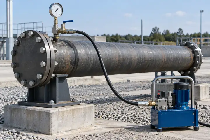 Isolated capped steel pipe section connected to a hydrostatic test pump and pressure-gauge manifold
