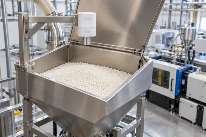 Concept installation of a Hitelecom radar distance sensor on a rigid upper bracket over polymer pellets in a stainless hopper