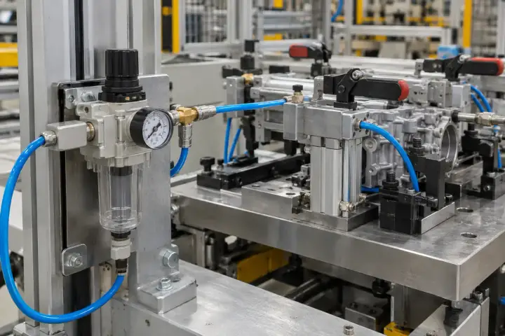 Pneumatic clamping fixture on an assembly bench with an air regulator, mechanical gauge and small blue supply tubes.