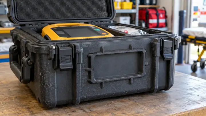 Portable AED in a dedicated protective transport case with a separate exterior recessed panel.