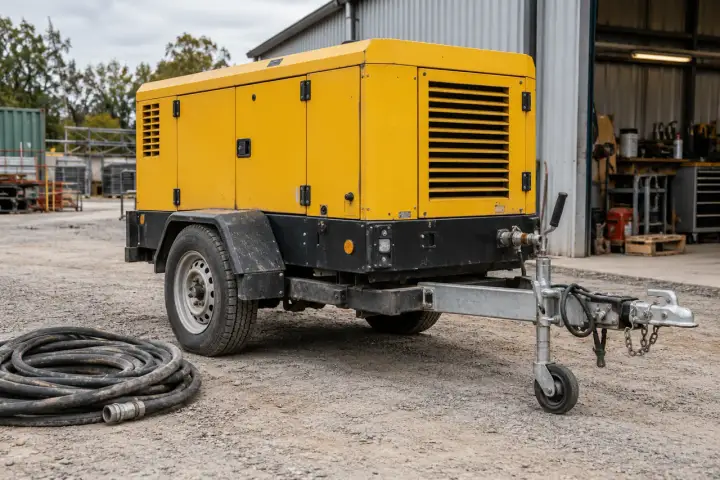 Portable rental compressor positioned at an outdoor worksite