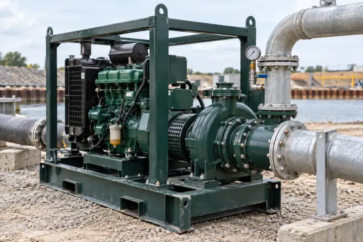 Diesel portable pump skid with a valved pressure gauge on the vertical discharge riser