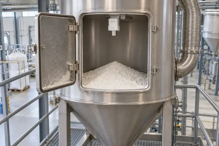 Concept installation of a Hitelecom radar distance sensor on an upper vessel bracket above an exposed chemical powder surface