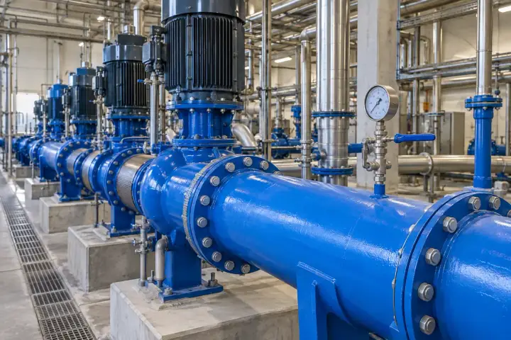 Auxiliary-water pump house with blue pump manifolds and an accessible valved pressure gauge.