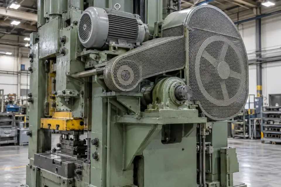 Industrial press with fixed drive bearing supports and guarded flywheel assembly