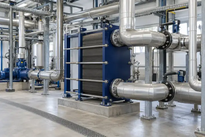 Industrial heat exchanger with insulated process pipework and orderly valves