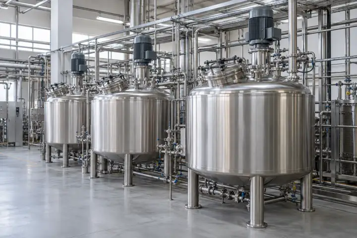 Industrial stainless-steel process tanks and connected piping