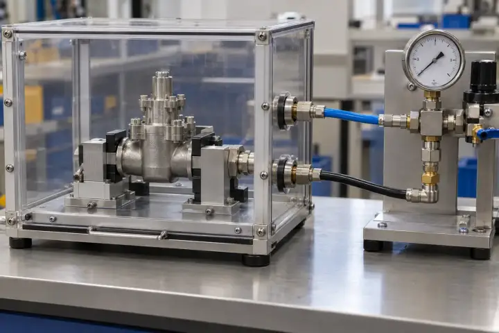 Clamped valve assembly inside a transparent pressure-test enclosure connected to an external gauge and regulator manifold