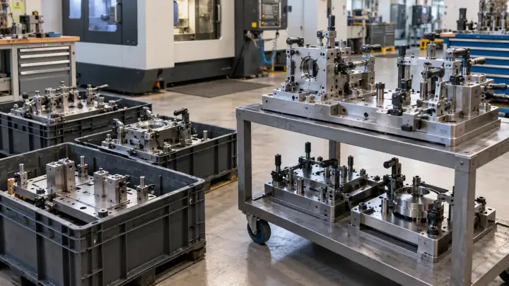 Industrial production jig mounted on a protected transport frame