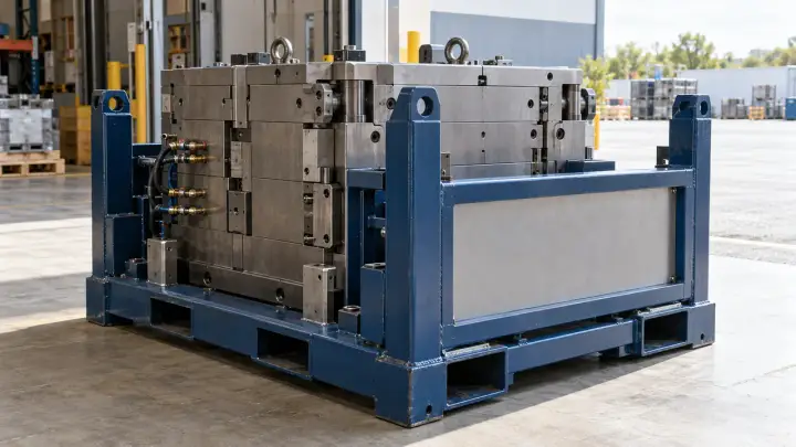 Closed industrial mould secured inside a dedicated transport frame with a protected external panel.
