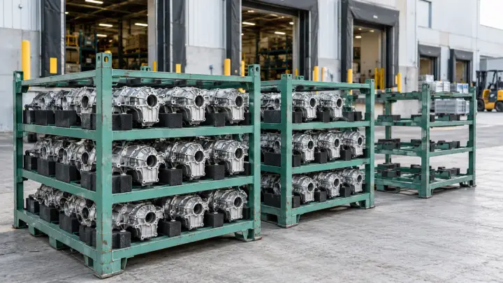 Dedicated component transport racks at a factory logistics handover area