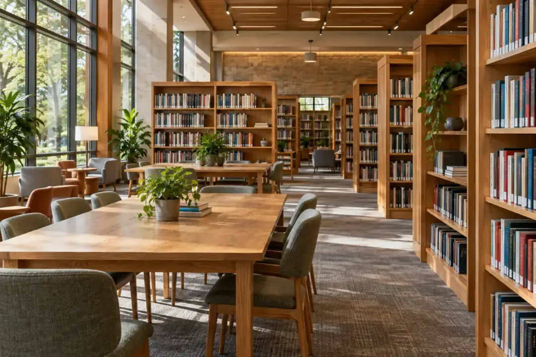 Modern public library with bookshelves, reading tables and daylight from tall windows