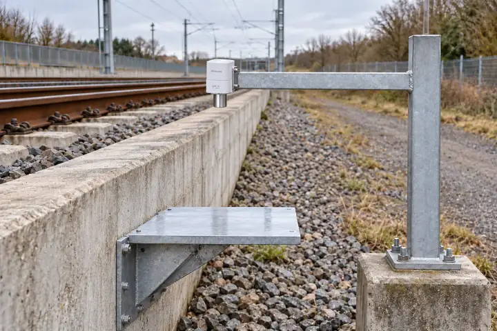 Hitelecom radar on an independent off-track arm facing a broad target attached to the railway track-support slab; concept installation