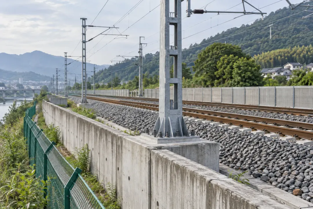 Application illustration: An electrified railway corridor with rails, catenary supports and a retaining wall.