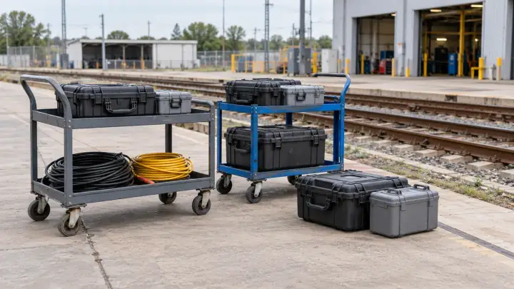 Railway maintenance equipment at an outdoor trackside work area