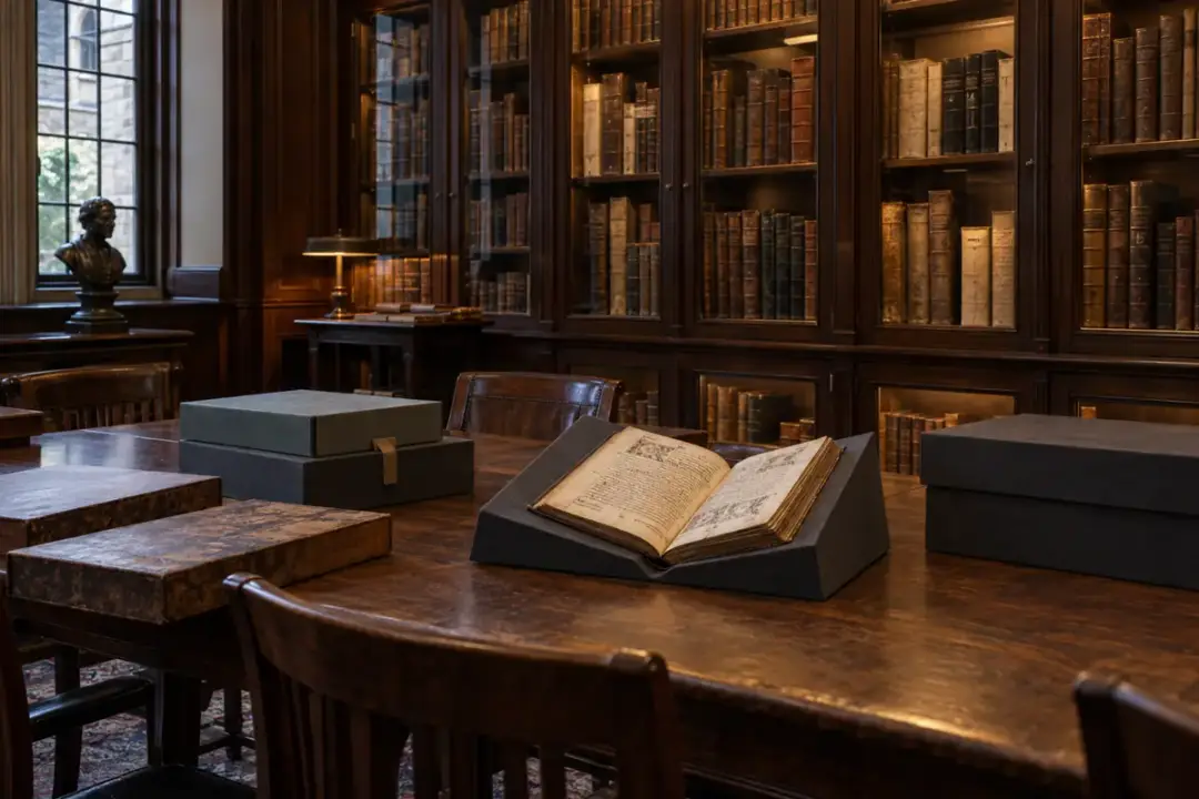 Rare-book consultation room with protected shelving and a supported manuscript