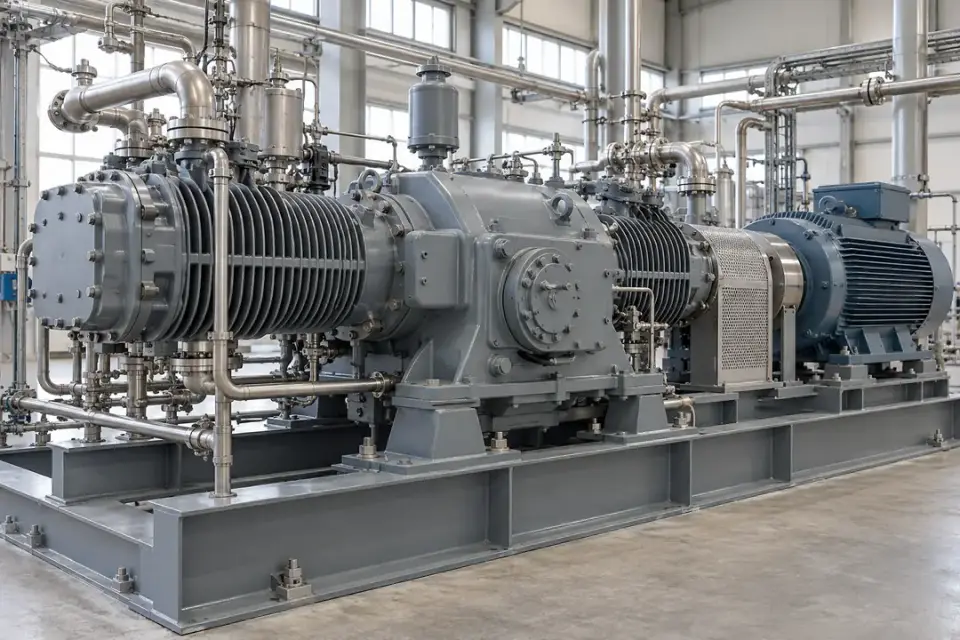Industrial reciprocating compressor with stationary drive and bearing housings