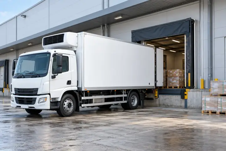 Refrigerated delivery truck at a loading dock