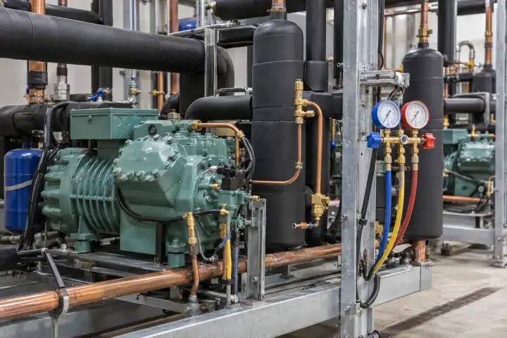 Industrial refrigeration compressors with insulated piping, capped service fittings and a two-gauge refrigerant manifold.