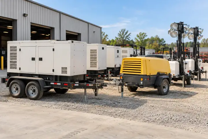 Towable rental generator parked at an outdoor project site