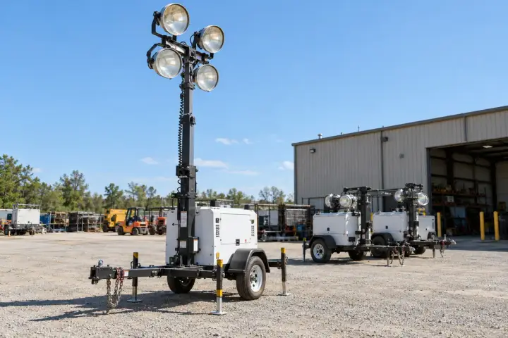 Mobile light tower deployed at an outdoor worksite