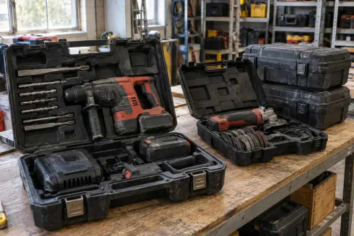 Protective case containing a specialist rental tool kit