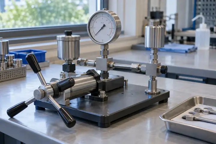 Laboratory hand pressure pump connected to a round reference gauge and a stainless test component on a bench manifold