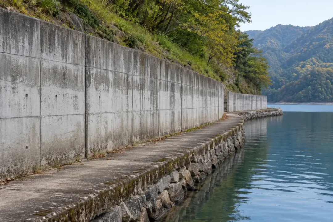 Reservoir shoreline retaining wall beside a maintenance path.