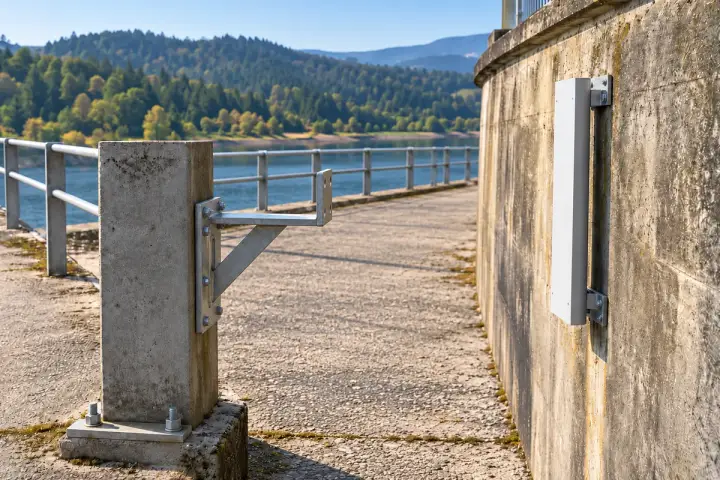 Reservoir retaining-wall references installation background: A broad target on the retaining wall facing an independent land-side reference; water stays outside the measuring gap.
