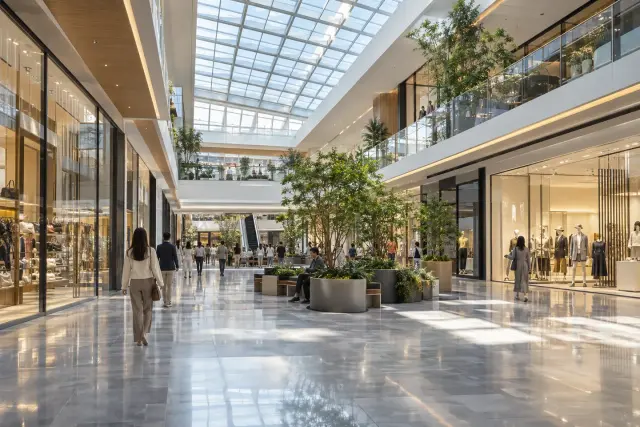 Shopping mall atrium with stores, skylight and indoor planting