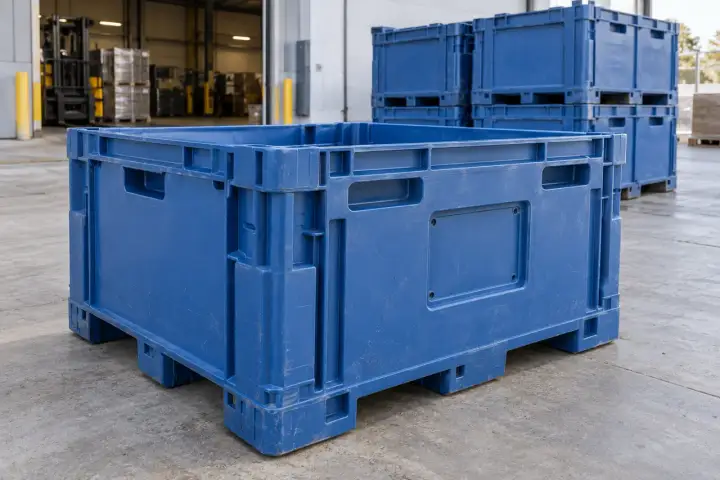 Solid-sided reusable delivery crates with recessed exterior panels at a loading bay.