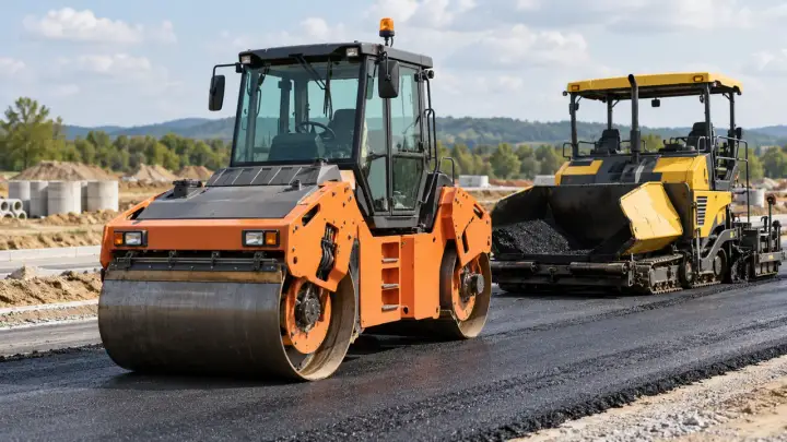 Road roller parked beside an outdoor road construction project