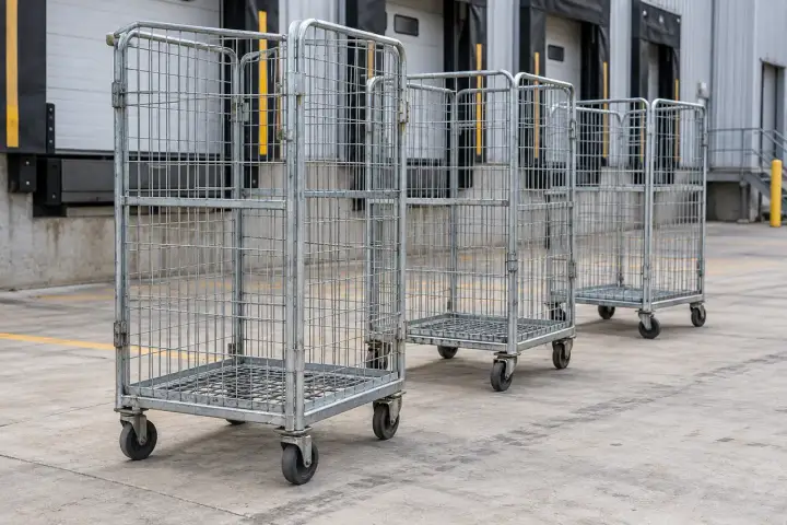 Metal roll cages lined up near a distribution center loading dock