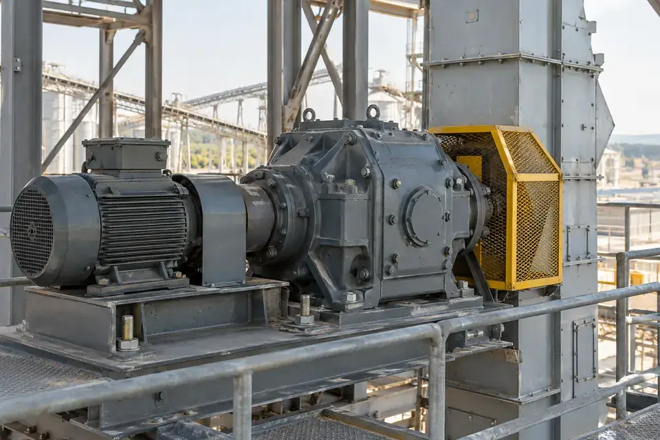 Bucket elevator installation with its external stationary motor and gearbox drive