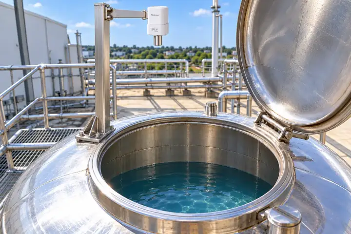 Hitelecom radar sensor on a tall rooftop-tank support above recessed water visible through an open service hatch
