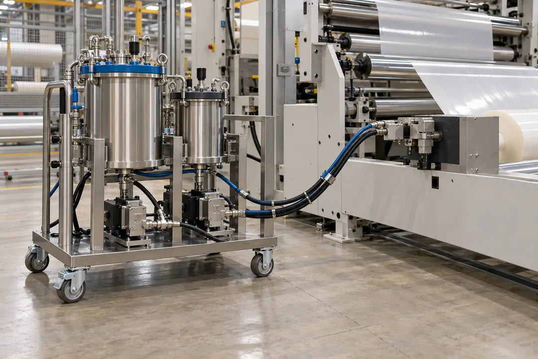 Metered two-component solvent adhesive mixing cart with closed feed containers in an industrial preparation room