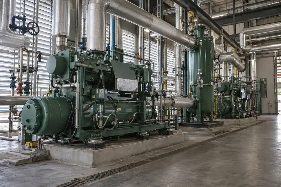 Ammonia refrigeration machinery room with industrial compressors and recognizable refrigerant service pipework