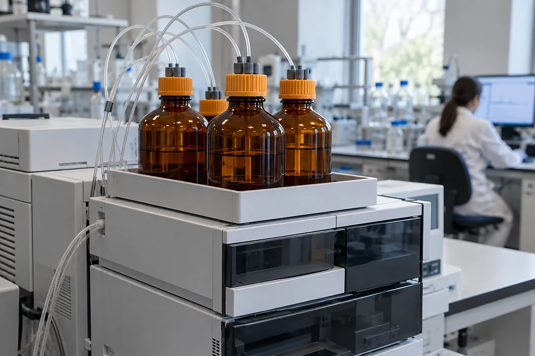 Analytical laboratory chromatography solvent bottle and mobile-phase preparation station with closed bottles and local extraction