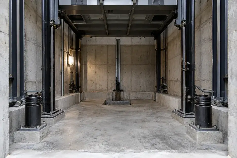The lower pit and buffer structures of a freight lift viewed from a maintenance access point